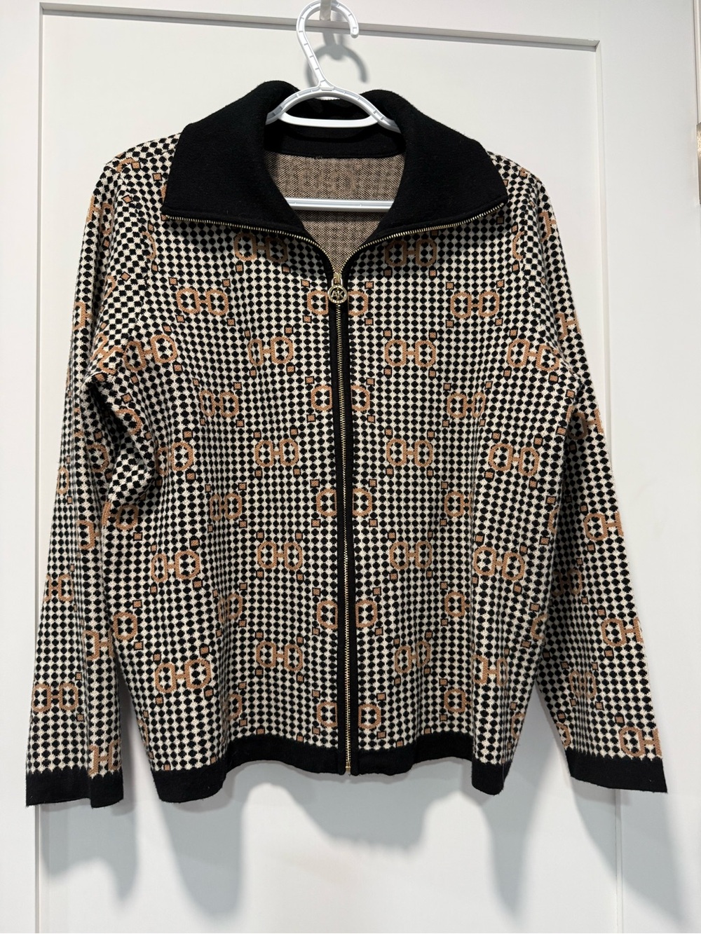 Anne Klein Black, White & Tan Geometric Zip-Front Jacket